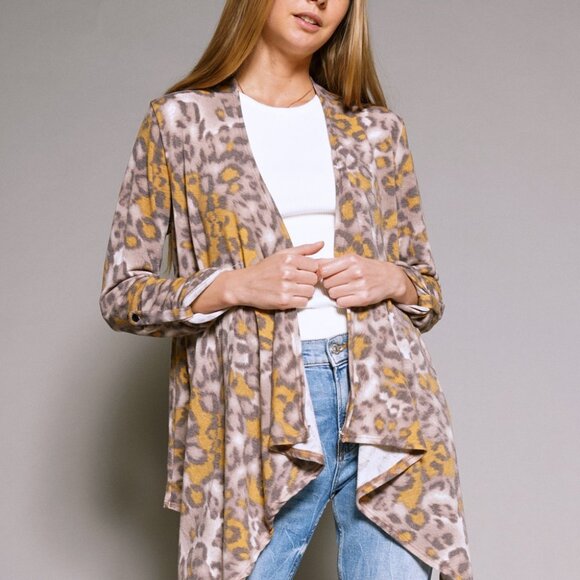 MYSTREE Leopard Print Waterfall Cardigan Brown Mustard Draped Open Front - Picture 3 of 8
